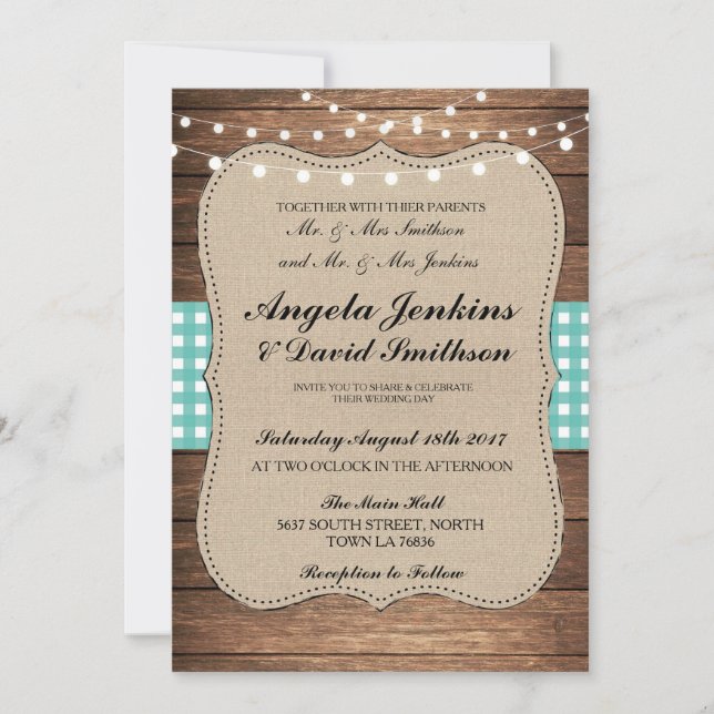 Teal Wedding Rustic Burlap Wood Lights Barn Invite (Front)