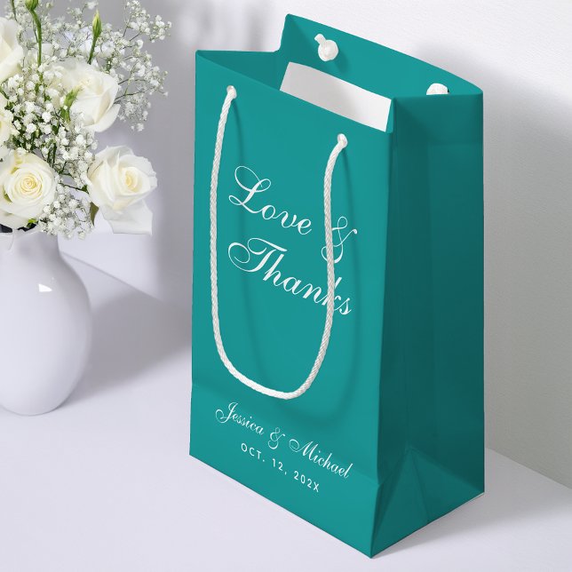 Teal Wedding Script Love & Thanks Simple Blue  Small Gift Bag (Creator Uploaded)