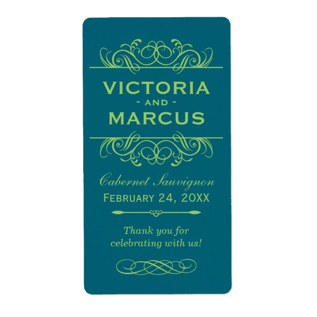 Teal Wedding Wine Bottle Monogram Favour Labels (Front)