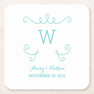 Teal Whimsical Flourish Monogram Paper Coasters