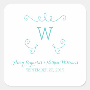 Teal Whimsical Flourish Monogram Wedding Square Sticker