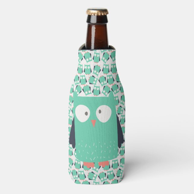 Teal Whimsical Owls Bottle Cooler (Bottle Front)