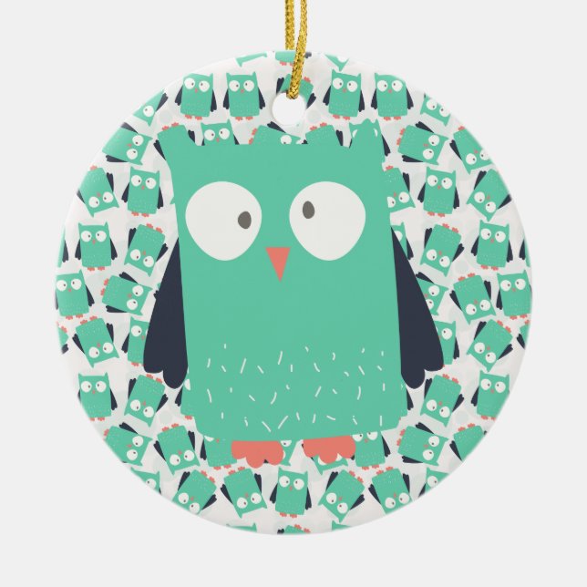 Teal Whimsical Owls Ceramic Tree Decoration (Front)