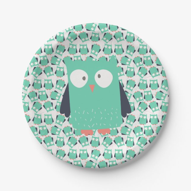 Teal Whimsical Owls Paper Plate (Front)