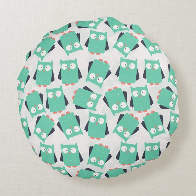 Teal Whimsical Owls Round Cushion (Back)