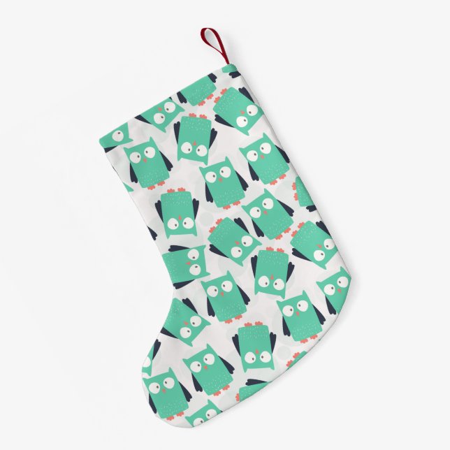 Teal Whimsical Owls Small Christmas Stocking (Back (Hanging))