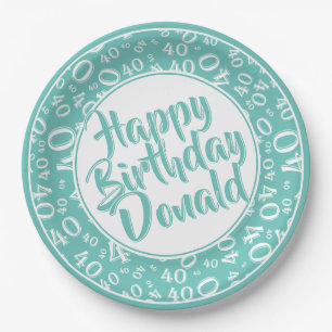 Teal/White 40th Happy Birthday Number Pattern Paper Plate