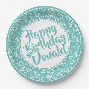 Teal/White 45th Happy Birthday Number Pattern Paper Plate