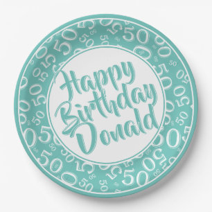 Teal/White 50th Random Number Pattern Paper Plate