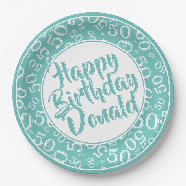 Teal/White 50th Random Number Pattern Paper Plate (Front)