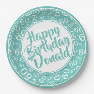 Teal/White 60th Random Number Pattern Paper Plate