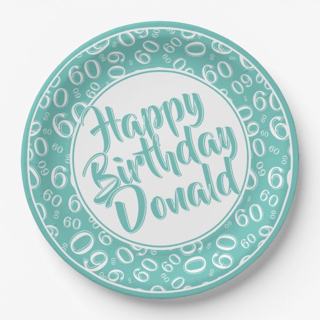 Teal/White 60th Random Number Pattern Paper Plate (Front)