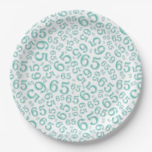 Teal/White 65th Random Number Pattern Paper Plate