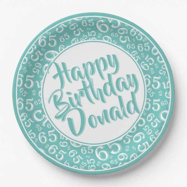 Teal/White 65th Random Number Pattern Paper Plate (Front)