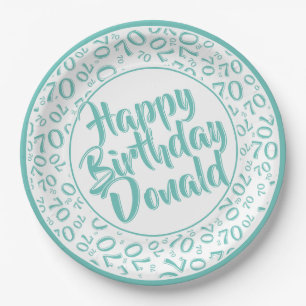 Teal/White 70th Random Number Pattern Paper Plate