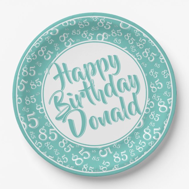 Teal/White 85th Random Number Pattern Paper Plate (Front)