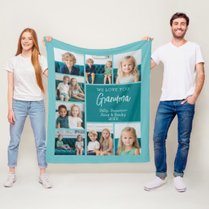 Teal & White 8 Photo Collage - We Love Grandma Fleece Blanket