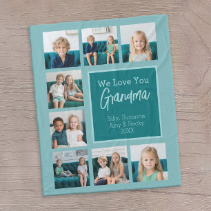 Teal & White 8 Photo Collage - We Love Grandma Fleece Blanket