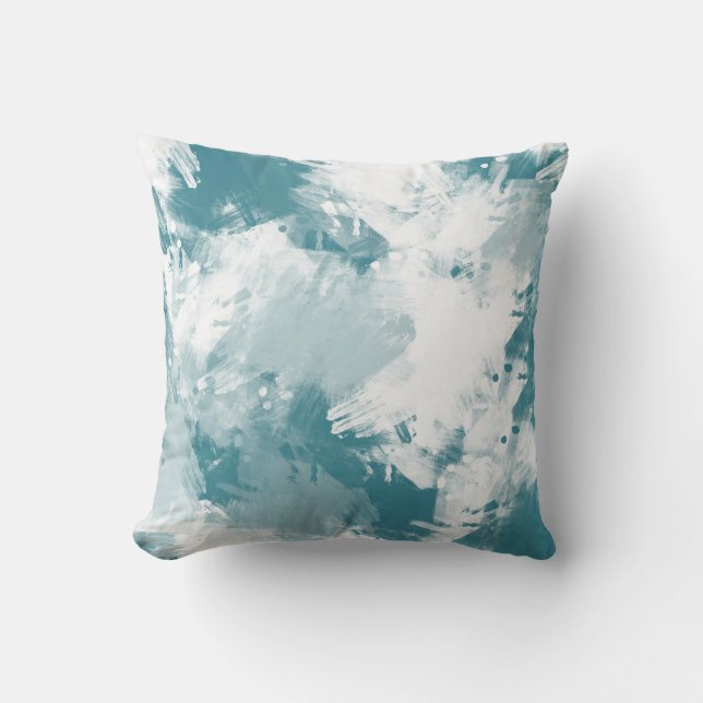 Teal White Abstract Modern Brushstrokes Cushion (Front)
