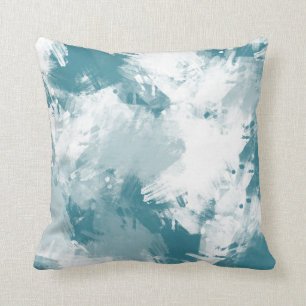 Teal White Abstract Modern Brushstrokes Cushion