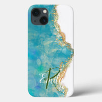 Teal & White Agate Marble Abstract Name Monogram
