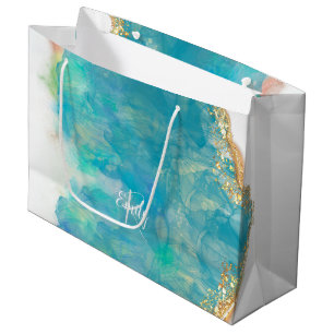 Teal & White Agate Marble Abstract Name Monogram Large Gift Bag