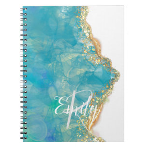 Teal & White Agate Marble Abstract Name Monogram Notebook