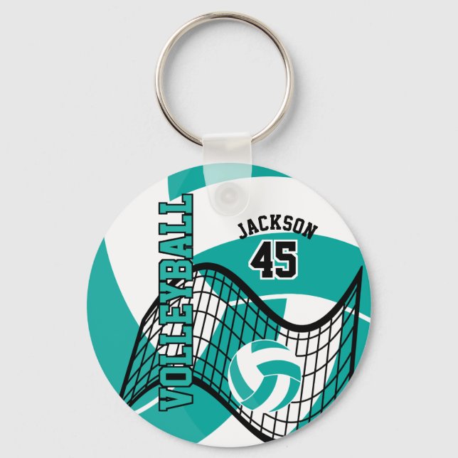 Teal, White and Black Volleyball Design Key Ring (Front)