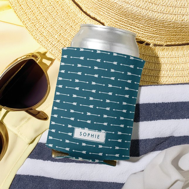 Teal & White Arrows Personalised Can Cooler (Creator Uploaded)
