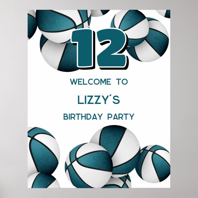 teal white basketballs birthday party welcome poster (Front)