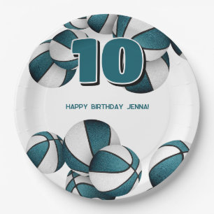 teal white basketballs girls boys sports party paper plate