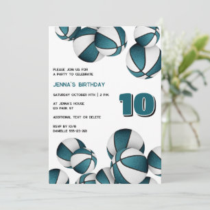 teal white basketballs girls sports birthday invitation