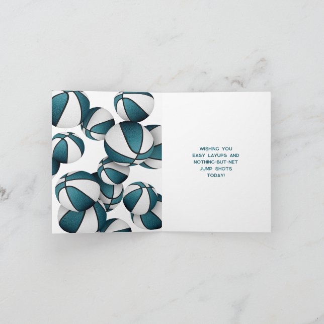 teal white basketballs kids birthday card (Inside)