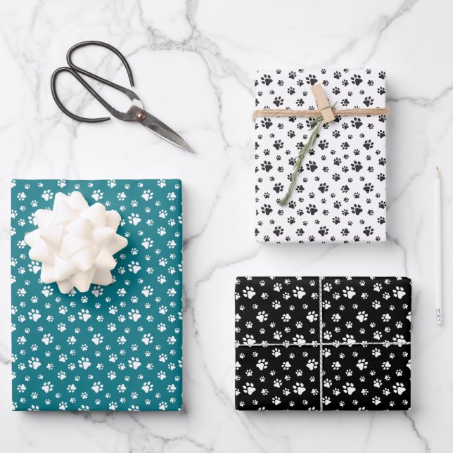 TEAL WHITE BLACK DOG CAT PET PAW PRINTS WRAPPING PAPER SHEET (Front)