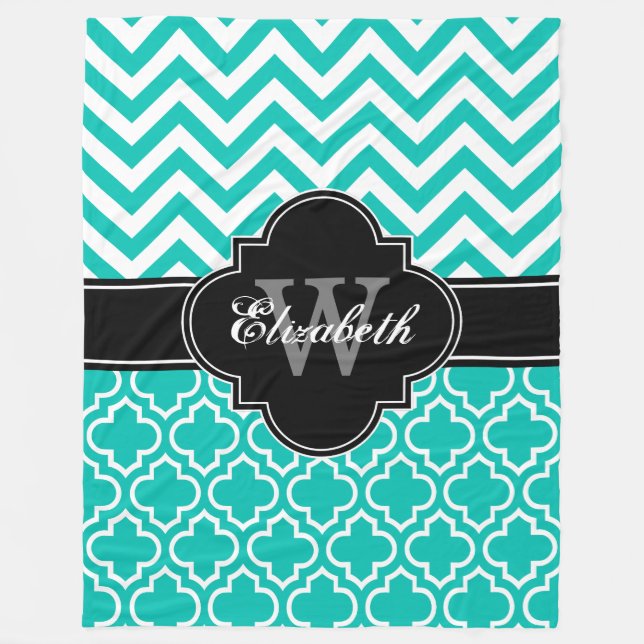 Teal White Black LG Moroccan #6 LG Chevron 1INQR Fleece Blanket (Front)