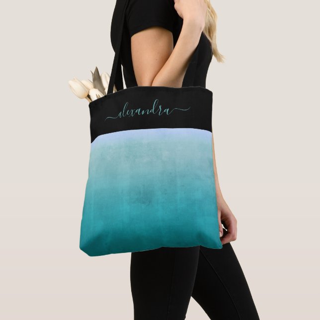 Teal White Black rustic ombre personalised Tote Bag (Close Up)