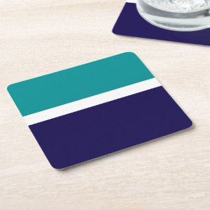 Teal White Blue Plain Color Block Design  Square Paper Coaster