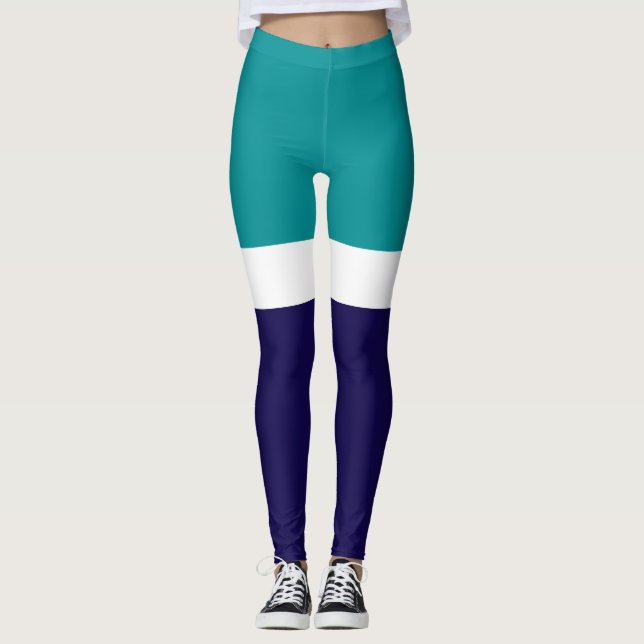 Teal White Blue Plain Colour Block Design  Leggings (Front)