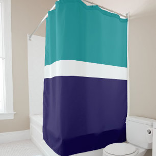 Teal White Blue Plain Colour Block Design Shower Curtain
