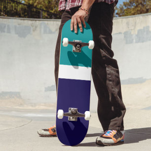 Teal White Blue Plain Colour Block Design  Skateboard