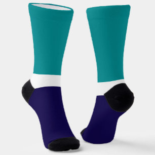 Teal White Blue Plain Colour Block Design Socks