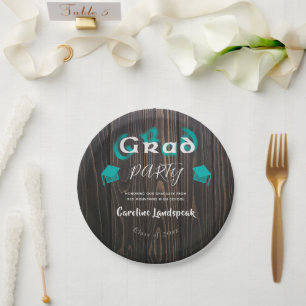 Teal & White Blurred Typography Graduation Party Paper Plate