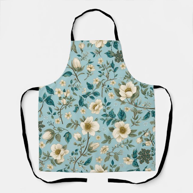 Teal & White Botanical Floral Pattern Kitchen Apron (Front)