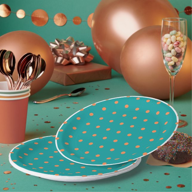 Teal White Burnt Orange Polka Dots  Paper Plate (Multi)