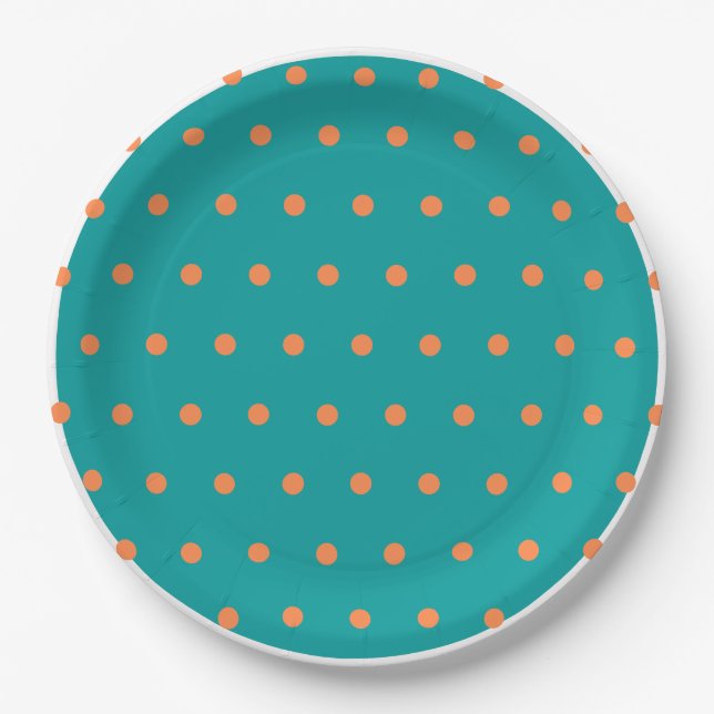 Teal White Burnt Orange Polka Dots  Paper Plate (Front)