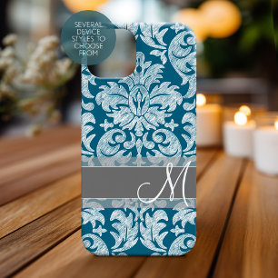Teal White Chalkboard Damask Pattern