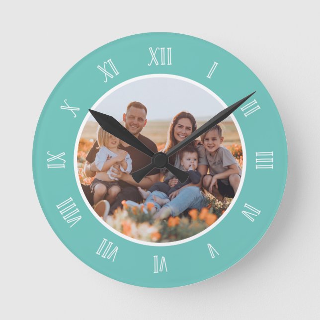 Teal White Charming Roman Numbers Custom Photo Round Clock (Front)