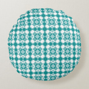 Teal White Checker Argyle Pattern Round Cushion