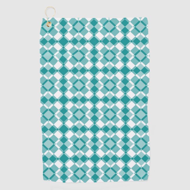 Teal White Chequered Argyle Pattern Golf Towel (Front)