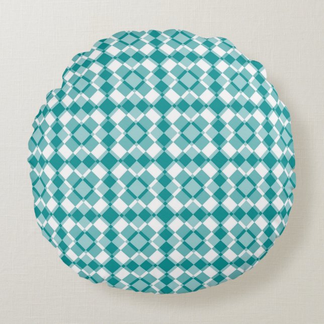Teal White Chequered Argyle Pattern Round Cushion (Front)